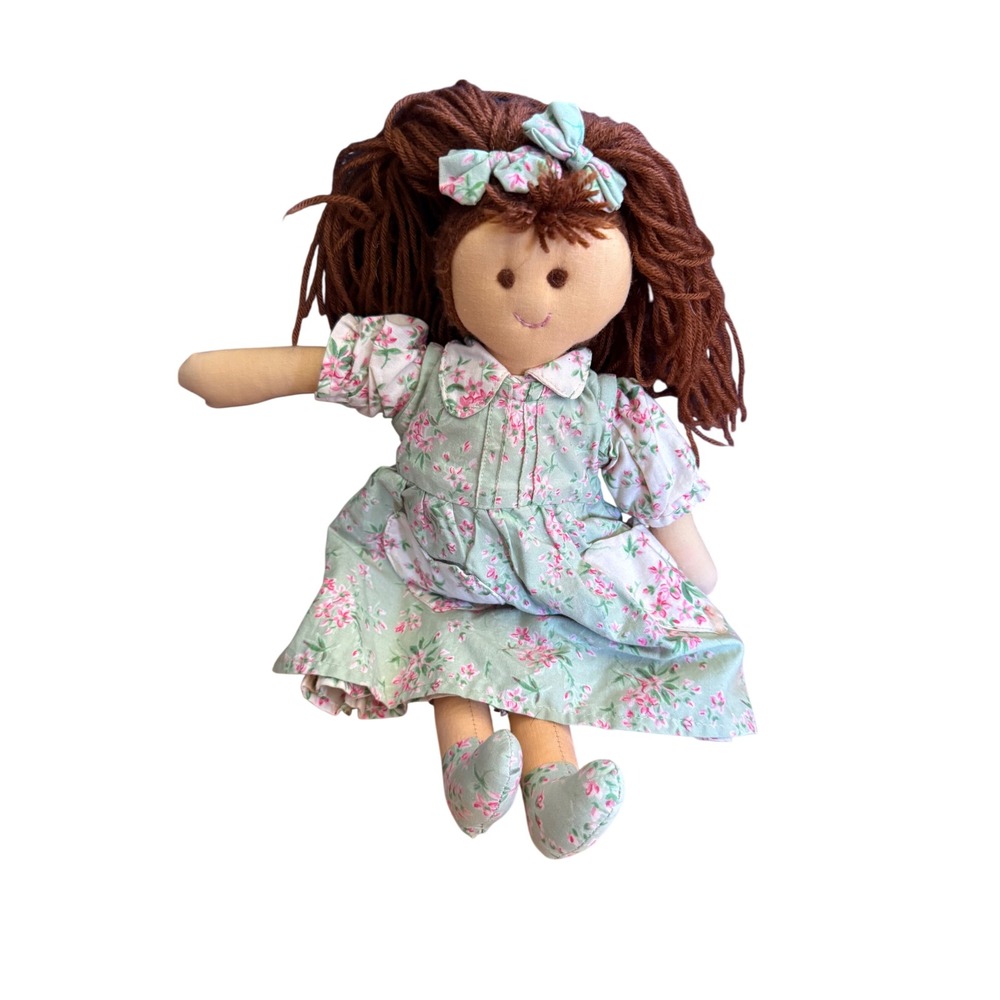 Vintage Cornell Rag Doll Green Floral Dress Yarn Hair Plush Toy 14 Inch
